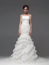 Strapless Sleeveless Lace Up Wedding Gowns White Organza