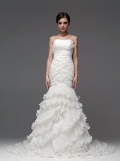 Adorable Mermaid White Organza Lace Up Wedding Gowns Sleeveless With Brush Train Ruffled Layers