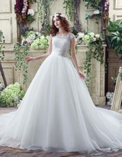 White Organza and Lace Zipper Scalloped Sleeveless Wedding Gown Court Train Beading and Lace