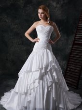 Ruffled Sweetheart Sleeveless Brush Train Lace Up Wedding Gowns White Taffeta