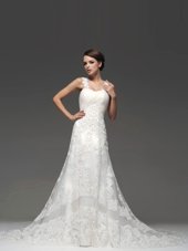 Dramatic Lace Up Wedding Gowns White and In for Wedding Party with Lace and Appliques Brush Train