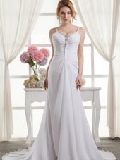 High Class Spaghetti Straps Sleeveless Wedding Gown Brush Train Beading and Ruching White Chiffon