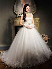 Custom Made White Cap Sleeves Brush Train Beading and Appliques With Train Wedding Dress
