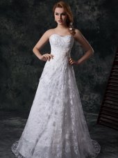 Mermaid Floor Length White Wedding Dresses Sweetheart Sleeveless Brush Train Zipper