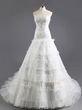 Most Popular With Train White Wedding Dresses Organza Court Train Sleeveless Beading and Appliques and Ruffled Layers