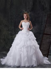 Enchanting Sleeveless With Train Beading and Appliques and Ruffles Lace Up Wedding Gowns with White Brush Train