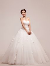 Affordable Tulle Sleeveless Floor Length Bridal Gown and Appliques and Ruching and Hand Made Flower
