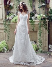 Amazing Strapless Sleeveless Wedding Gown Floor Length Lace and Appliques and Ruching White Tulle