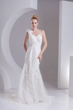 Fitting Strapless Sleeveless Court Train Lace Up Bridal Gown White Lace