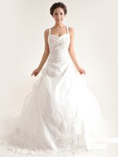 Captivating Lace Sleeveless With Train Wedding Dresses Brush Train and Lace and Appliques and Hand Made Flower