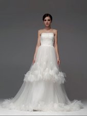 Beading and Pick Ups Wedding Gowns White Lace Up Sleeveless With Train Chapel Train