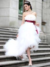 Organza Sleeveless High Low Wedding Gowns and Ruffles and Belt and Hand Made Flower