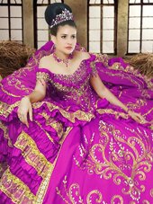 Spectacular Purple Ball Gowns Off The Shoulder Sleeveless Satin Floor Length Lace Up Embroidery Quinceanera Dresses