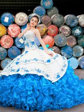Elegant Blue And White Halter Top Lace Up Appliques and Embroidery and Ruffles Sweet 16 Dress Sleeveless