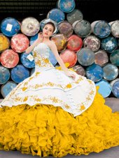 Exquisite Yellow And White Sweetheart Lace Up Appliques and Embroidery and Ruffles Quince Ball Gowns Sleeveless