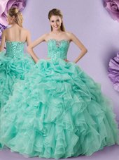 Custom Made Apple Green Organza Lace Up 15 Quinceanera Dress Sleeveless Floor Length Beading and Ruffles and Pick Ups