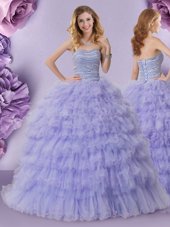 Tulle Sleeveless Floor Length 15th Birthday Dress and Beading and Ruffled Layers