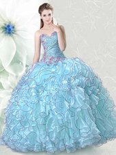 Floor Length Ball Gowns Sleeveless Light Blue Quince Ball Gowns Lace Up