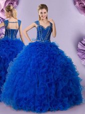 Ball Gowns Quinceanera Gown Royal Blue Straps Tulle Cap Sleeves Floor Length Lace Up