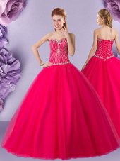 Great Hot Pink Lace Up Sweetheart Beading Quinceanera Gowns Tulle Sleeveless
