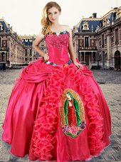 Sleeveless Floor Length Beading and Appliques and Ruffles Lace Up Quinceanera Gown with Coral Red
