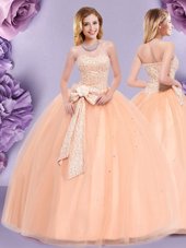 Custom Design Sleeveless Floor Length Beading and Bowknot Zipper Sweet 16 Dress with Peach