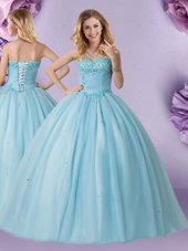 Custom Fit Light Blue Ball Gowns Tulle V-neck Sleeveless Appliques and Ruffles Floor Length Lace Up Sweet 16 Dresses