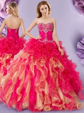 Excellent Rose Pink Tulle Lace Up Sweetheart Sleeveless Floor Length Sweet 16 Quinceanera Dress Beading and Pick Ups