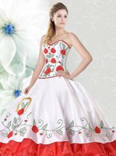 Custom Design White and Red Sweetheart Neckline Embroidery and Ruffled Layers Quinceanera Dress Sleeveless Lace Up