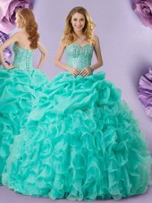 Hot Sale Turquoise Ball Gowns Organza Sweetheart Sleeveless Beading and Ruffles and Pick Ups Floor Length Lace Up Vestidos de Quinceanera