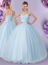 Chic One Shoulder Light Blue Ball Gowns Appliques Quince Ball Gowns Lace Up Tulle Sleeveless Floor Length