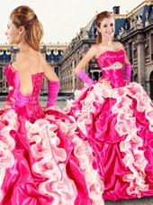 Stunning Hot Pink Lace Up Strapless Beading and Ruffles and Pick Ups 15th Birthday Dress Organza and Taffeta Sleeveless