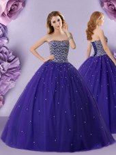 Great Purple Strapless Neckline Beading Quinceanera Gowns Sleeveless Lace Up