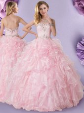 Customized Baby Pink Sleeveless Organza Lace Up Sweet 16 Quinceanera Dress for Military Ball and Sweet 16 and Quinceanera