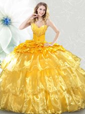 Elegant Sequins Ruffled Ball Gowns Sleeveless Gold 15th Birthday Dress Lace Up