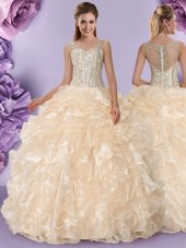 Champagne Ball Gowns Straps Sleeveless Organza Floor Length Zipper Beading and Ruffles Quinceanera Gowns