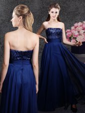 Sleeveless Floor Length Sequins Zipper Evening Dress with Navy Blue