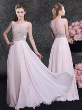 Comfortable Scoop Floor Length Pink Red Carpet Prom Dress Chiffon Sleeveless Beading
