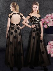 Short Sleeves Ankle Length Backless Black and In for Prom and Party and Military Ball and Wedding Party with Appliques