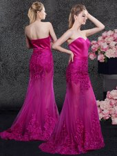 Mermaid Sleeveless Satin and Tulle Floor Length Sweep Train Zipper Prom Party Dress in Fuchsia with Lace and Appliques