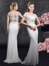 High Class Scoop With Train White Celebrity Prom Dress Elastic Woven Satin Brush Train Short Sleeves Appliques and Sequins