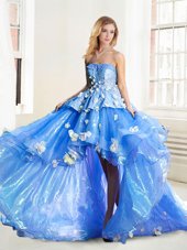 Blue Strapless Neckline Appliques Sweet 16 Quinceanera Dress Sleeveless Lace Up