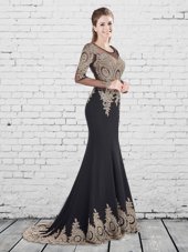 Mermaid Scoop With Train Black Homecoming Dress Elastic Woven Satin Brush Train Long Sleeves Appliques