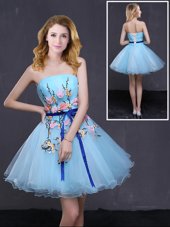 Fabulous Baby Blue Organza Lace Up Homecoming Dress Sleeveless Mini Length Appliques and Belt
