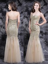 Sexy Mermaid Sweetheart Sleeveless Zipper Evening Dress Champagne Tulle