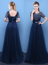 Best Scoop Floor Length Empire Short Sleeves Navy Blue Prom Dress Lace Up