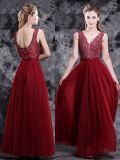 V-neck Sleeveless Oscars Dresses Floor Length Beading Wine Red Tulle