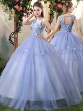 Perfect Lavender Bateau Lace Up Appliques Vestidos de Quinceanera Sleeveless