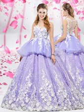 Lavender Ball Gowns Organza and Tulle Scoop Sleeveless Appliques Floor Length Lace Up Sweet 16 Quinceanera Dress