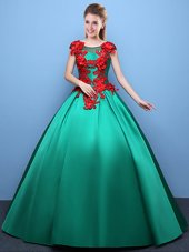 Scoop Appliques Quinceanera Dress Apple Green Lace Up Cap Sleeves Floor Length